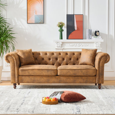 Canapé 3 places marron en tissu high-tech avec accoudoirs arrondis, design moderne du milieu du siècle, pour salon et bureau - Construction souple et respirante idéale pour les appartements