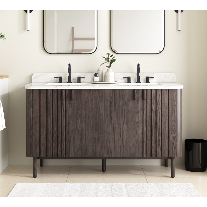 Blakely Free Standing Double Bathroom Vanity with Quartz Top, Brown, Black, 73"