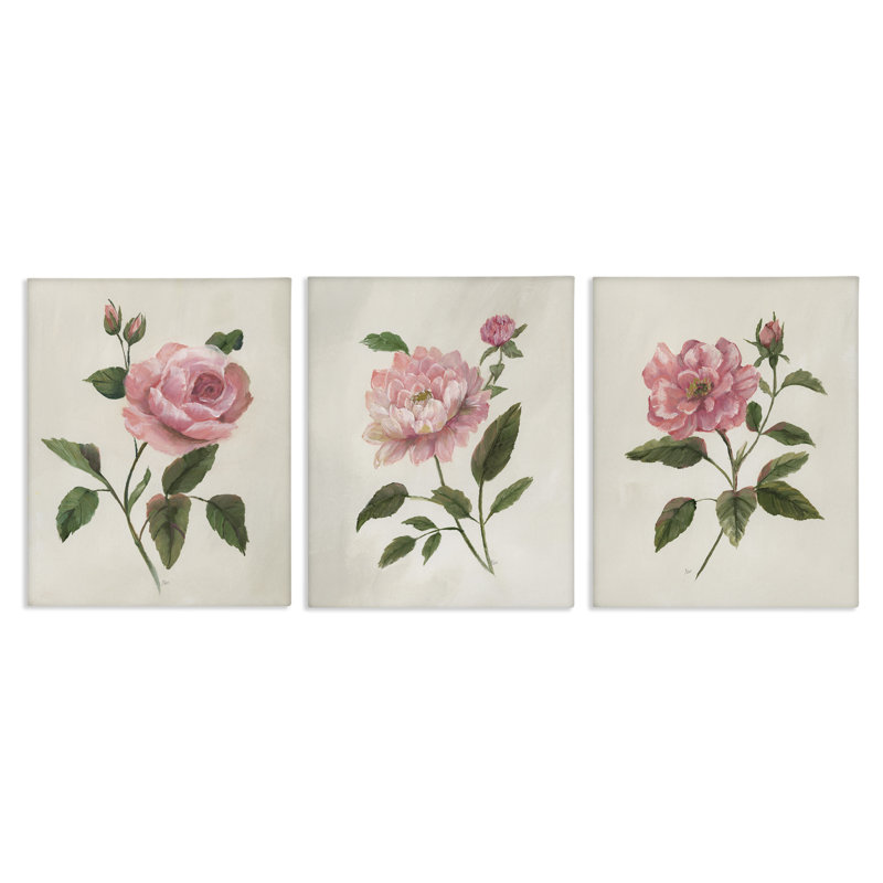 Ensemble de 3 toiles Rosie Rose Florals, design par Nan, H 14 po x l 11 po