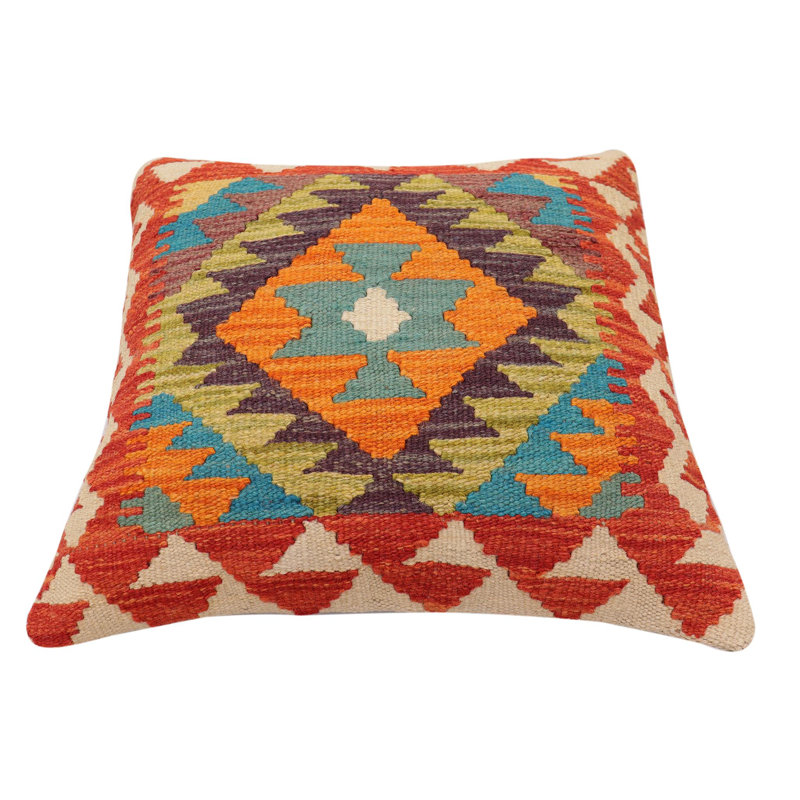 Coussin rustique en kilim tissé à la main Wilkie, H 17 po x l 18 po, Rouille / beige / bleu / mauve