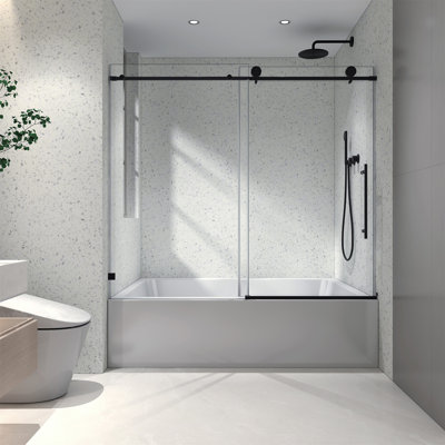 6063 - Porte de douche fixe et décalée noire sans cadre 6063