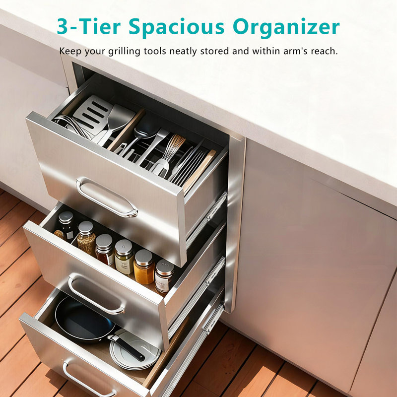 Tiroirs de cuisine extérieurs en acier inoxydable, tiroirs à trois volets encastrés, tiroirs pour barbecue pour cuisines extérieures ou îlots de barbecue