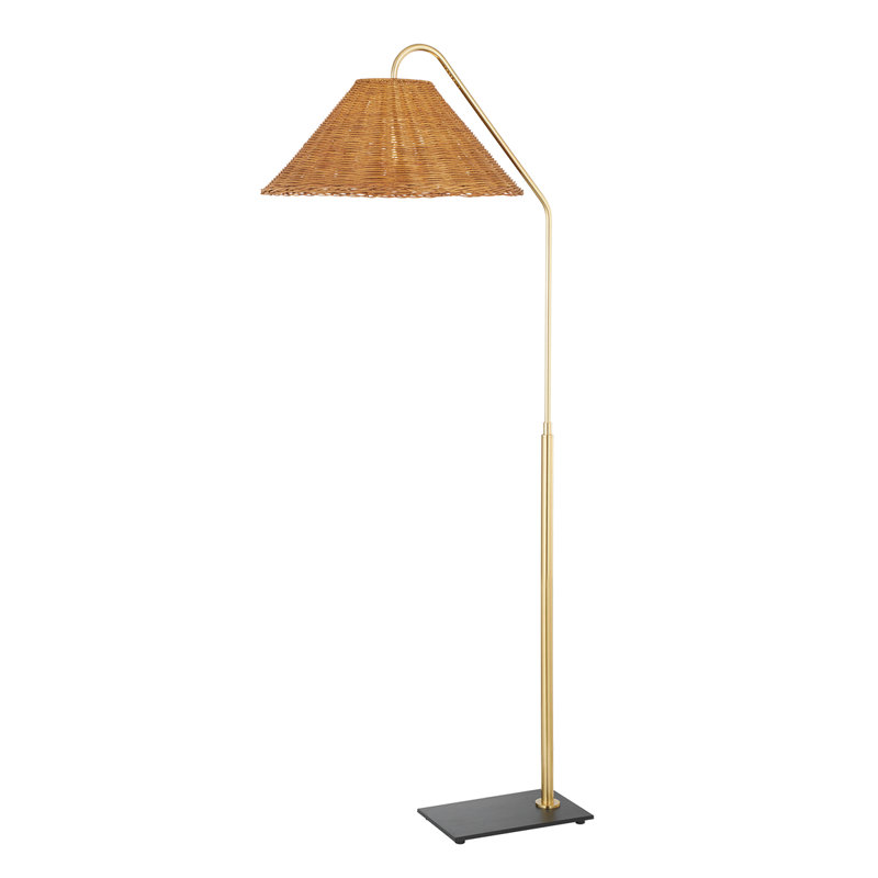 Aged Brass and Black Arc Floor Lamp with Natural Rattan Shade