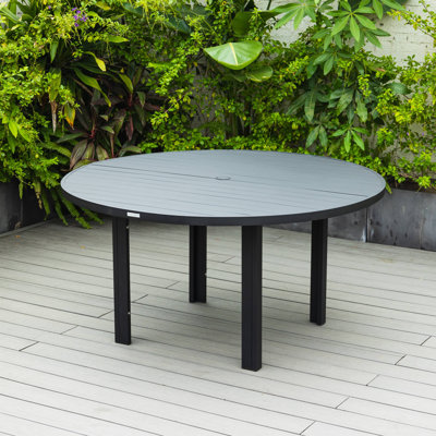 Chelsea Round Dining Table In Powder-Coated Aluminum With Slatted Design And Umbrella Hole Seats 4 To 8 Person by LeisureMod