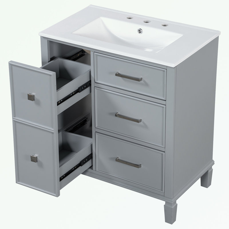 Meuble-lavabo de salle de bain avec lavabo en céramique, tiroir rabattable, 1 porte et 2 tiroirs, Gris