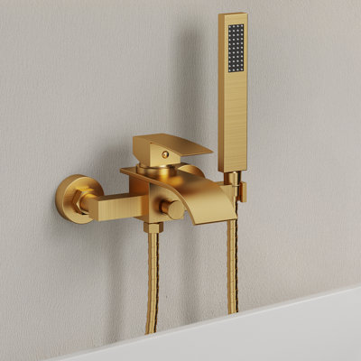 Clawfoot Tub Faucet with Diverter & Valve, Waterfall Wall-Mount Bath Tub Filler with Handheld Sprayer, Single Handle Tub Spout Gold Bathtub Faucet Set