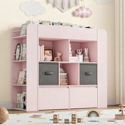 Toy Storage Organizer with 2 Movable Toy Chests, Toy Organizer and Storage Cabinet with 8-Tier Bookshelf and Storage Bins with Play Mat for Kids Rooms