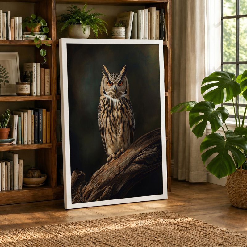Tawny Owl Perched Japandi 1 Piece Wrapped Canvas Wall Art, 18x12 - 45.7 x 30.5 cm, Cream Border