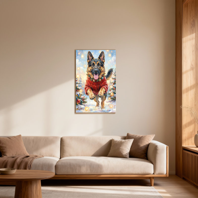 Animaux, berger allemand en chandail de Noël avec neige et lumières
