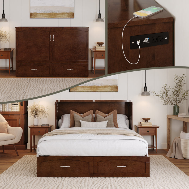 Grande commode en bois avec matelas Marion, tiroir de rangement et chargeur intégré Marion, Noyer