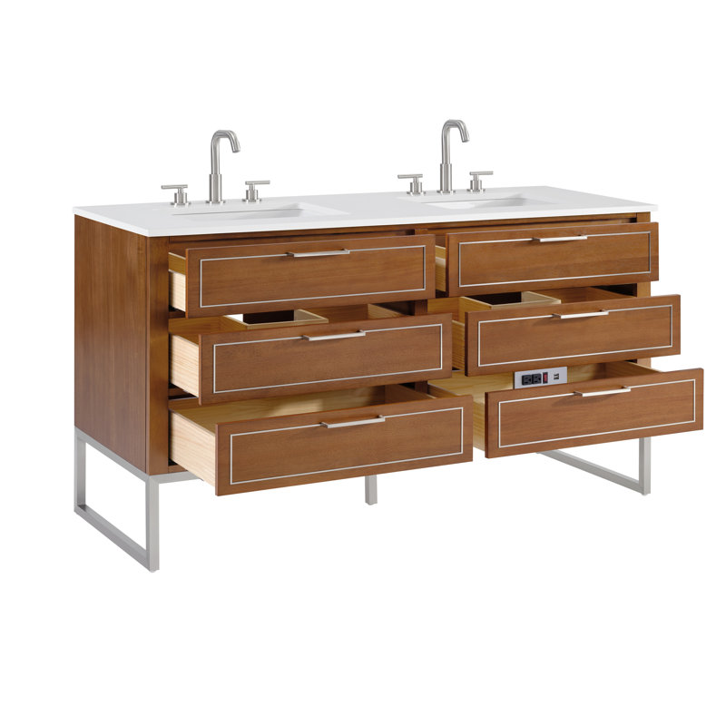 Markham 60'' W Double Vanity, Walnut, White Quartz, Brushed Nickel