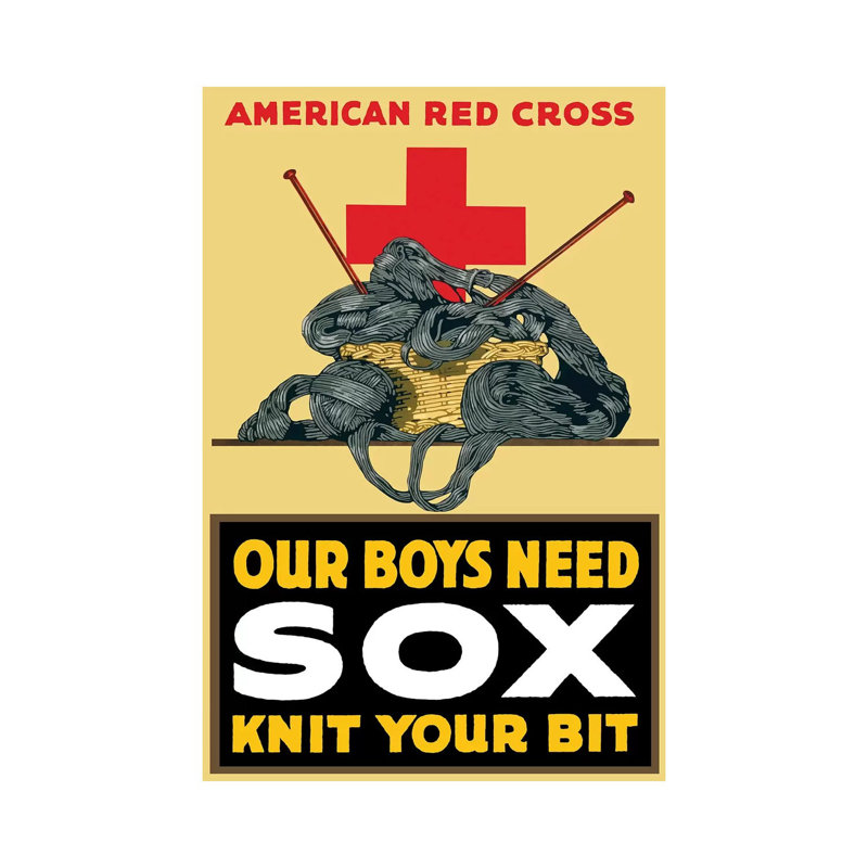 WWI Poster of a Basket of Yarn, Two Knitting Needles, and a Red Cross 1 Piece Wrapped Canvas Wall Art
