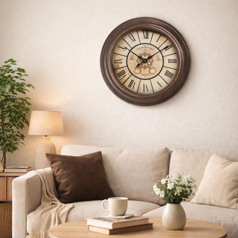 Benjara Wall Clock, 15 Inch Round Frame In Antique Brown, Faux Gear ...