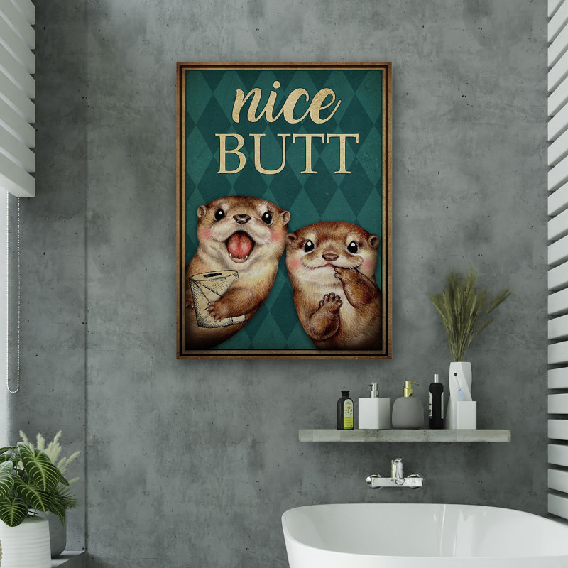 Paire de loutres - belle toile tendue tendue avec toile - décor d'illustrations animales de salle de bain et de lessive, bleu-vert et brun