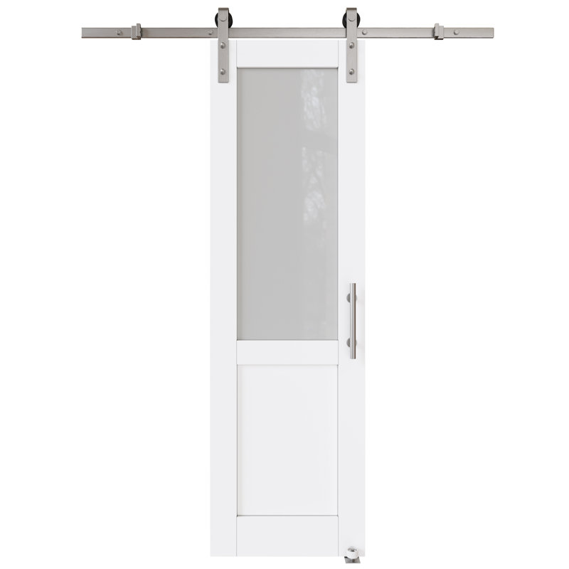 24" x 80" White Frosted Glass MDF Sliding Barn Door with Nickel Hardware