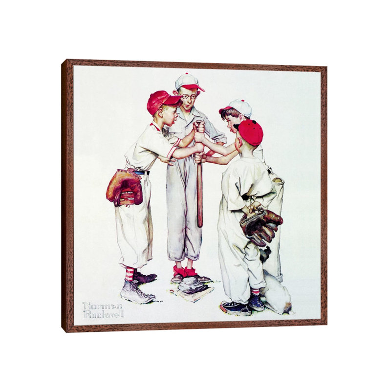 Choosing Up Four Sporting Boys: Baseball by Norman Rockwell - Painting on Canvas, Brown Floater Framed