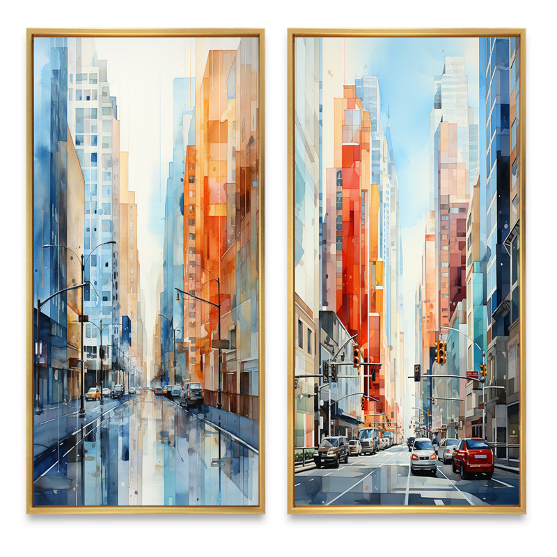 «Skyscrapers Urban Heights», 2 pièces, H 40 po x l 40 po, Encadrement doré