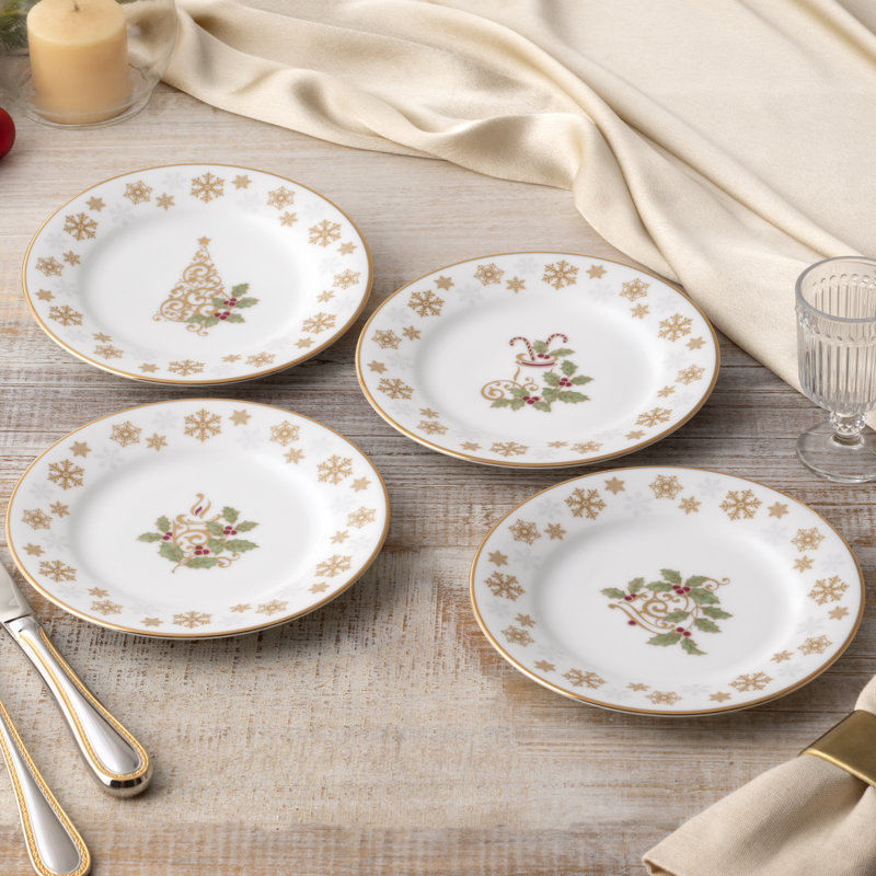 Noritake Holly & Berry Gold Set Of 4 Assorted Appetizer Plates, 6-1/4"