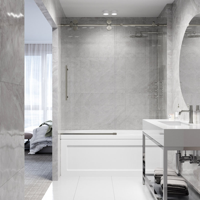 Elan 56-60" W x 66" H Sliding Frameless Tub Door with 3/8" Fluted Glass, Stainless Steel