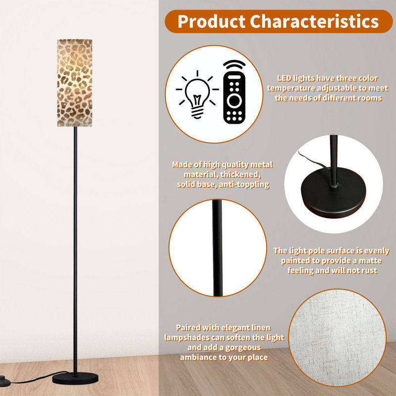  68.5" Standing Floor Lamp Leopard print gold texture Dimmable Metal Pole Lamp with Linen Lampshade LED Bulb Included