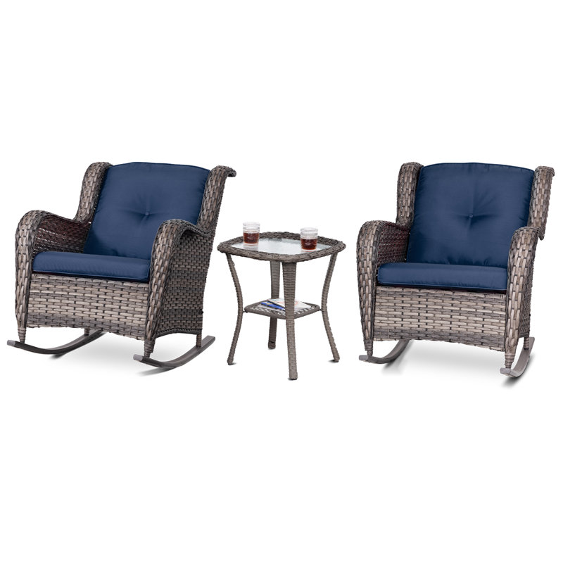 Ensemble de conversation 3 pièces avec chaise berçante et coussins beiges, Bleu