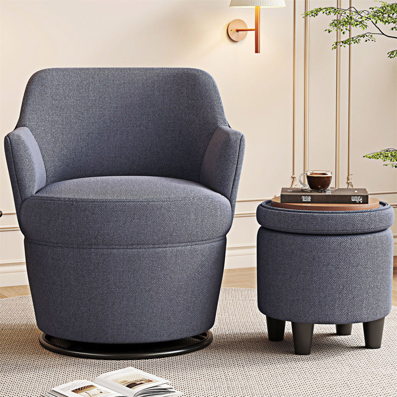 Modern Swivel Accent Chair with Ottoman, Blue Cotton Linen