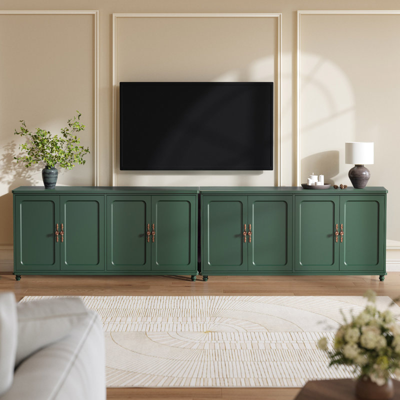 60"W Vintage Sideboard Cabinet With Adjustable Shelves And 4 Doors Set Of 2, Green
