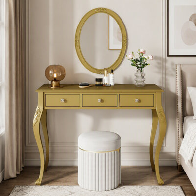 Meuble-lavabo de luxe avec miroir ovale, coiffeuse à 3 tiroirs pour bijoux, console élégante pour la décoration intérieure