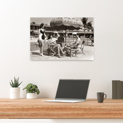 1930S 1940S 3 Women Bathing Suits Single Man Casual Clothes Sitting Talking Under Pool Side Umbrella Miami Beach Florida Usa Retro Abstract Beach C...