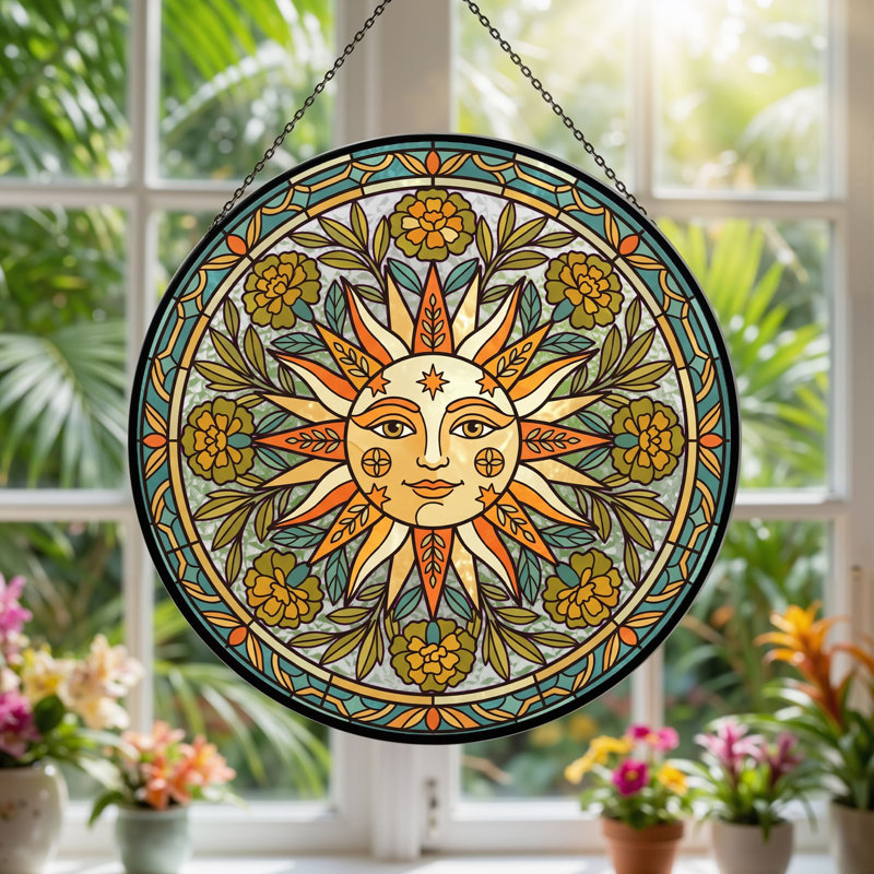Panneau de vitrail Sun Face ， 7,8H, H 7,8 po