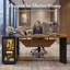 Bureau de direction en L avec prises de courant, tiroirs, armoire éclairée, bureau moderne avec tablettes ouvertes, bureau d'ordinateur-961832703