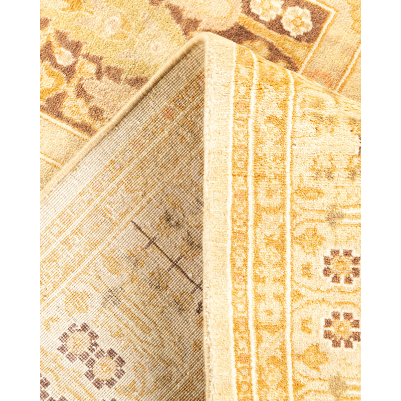 Ivory and Beige Hand-Knotted Wool Runner Rug with Floral Motif