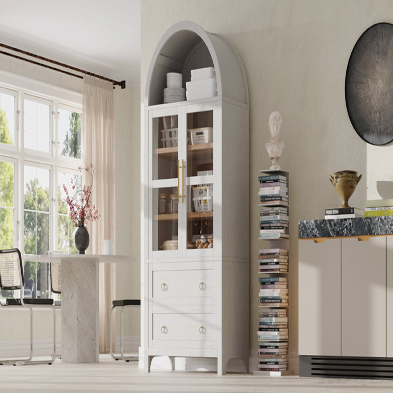 Grand garde-manger arqué de 71 po avec 2 grands tiroirs, armoires de cuisine de campagne moderne avec tablettes réglables, porte vitrée, armoire en bois polyvalente pour la cuisine, salle à manger, blanc