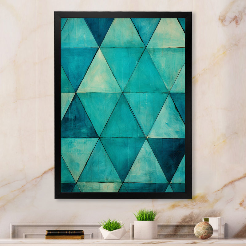 " Turquoise Triangles ", Black Single Picture Framed, 32" H x 16" W x 1" D