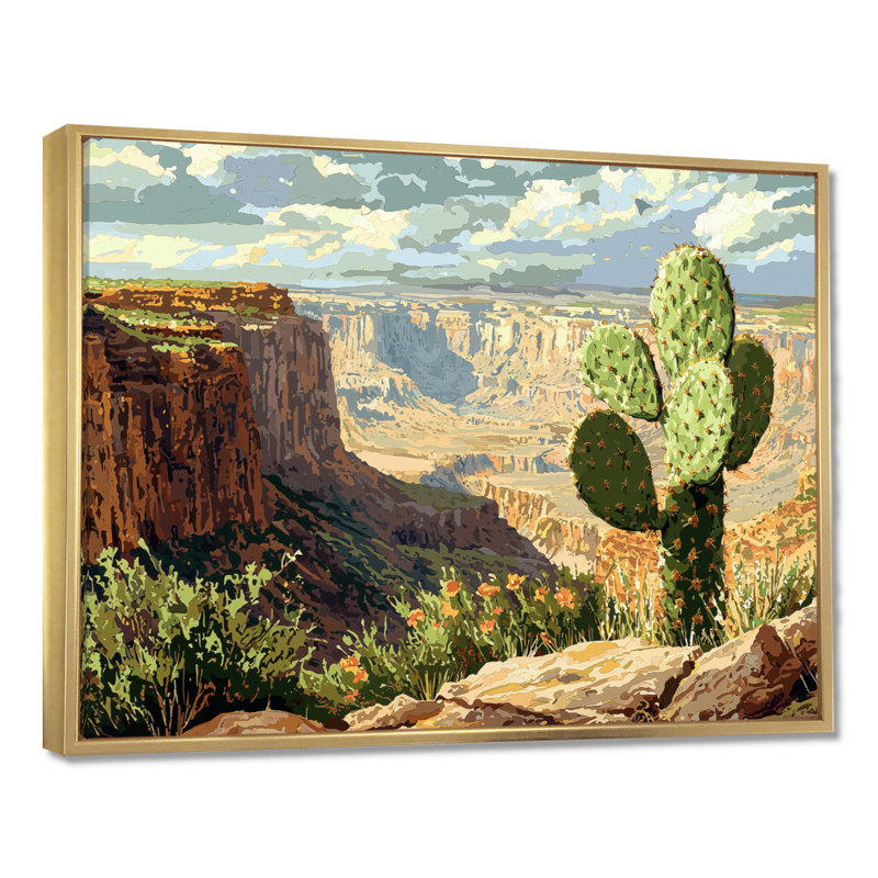 Cactus d'Izavier au bord du canyon - cactus, décoration murale, H 12 po x l 20 po, Cadre flottant, Doré