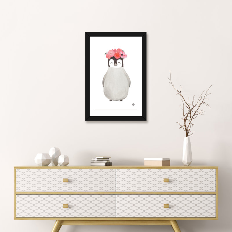 Art pingouin, H 24 po x l 16 po x P 1 po, Papier avec cadre noir