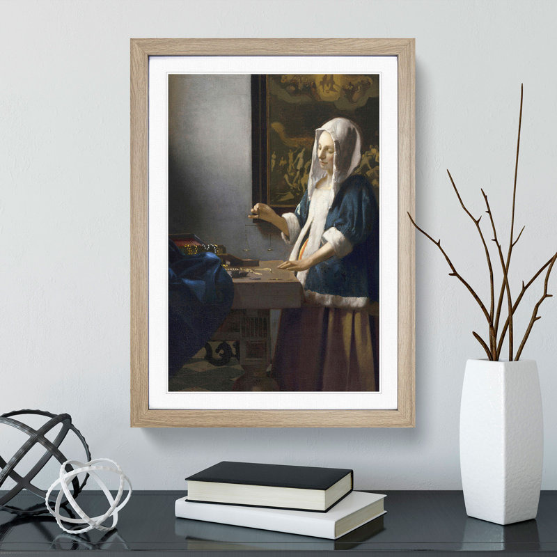 Woman Holding a Balance by Johannes Vermeer - Picture Frame Painting, 48cm H x 36cm W x 2cm D, Oak Framed