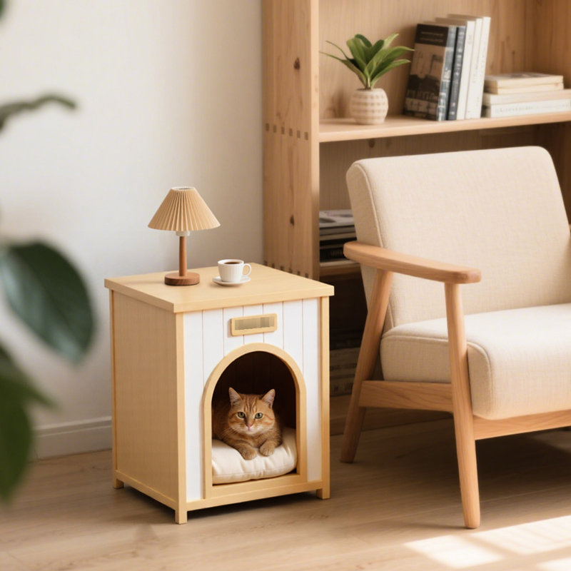 Retraite d'intérieur solide pour animaux de compagnie avec coussin amovible doux, table d'appoint double, style décontracté américain, design minimaliste blanc crème, jaune