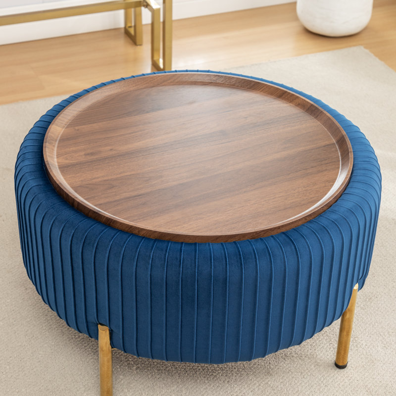 Miajah Upholstered Round Storage Ottoman, Blue