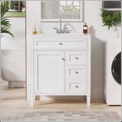 Meuble-lavabo de style rétro 30 po avec lavabo en céramique, cadre en bois massif et grand espace de rangement