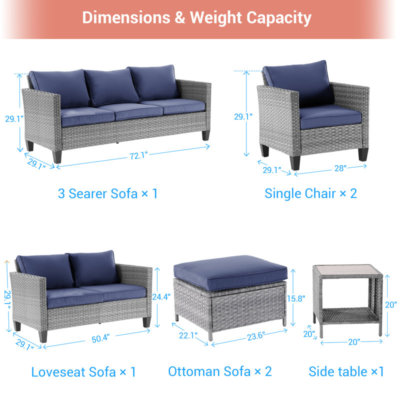 7 Pcs Patio Rattan Patio Set, Outdoor Wicker Chair with Side Table and Ottoman, Soft Zippered Cushions, Gray, Navy Blue