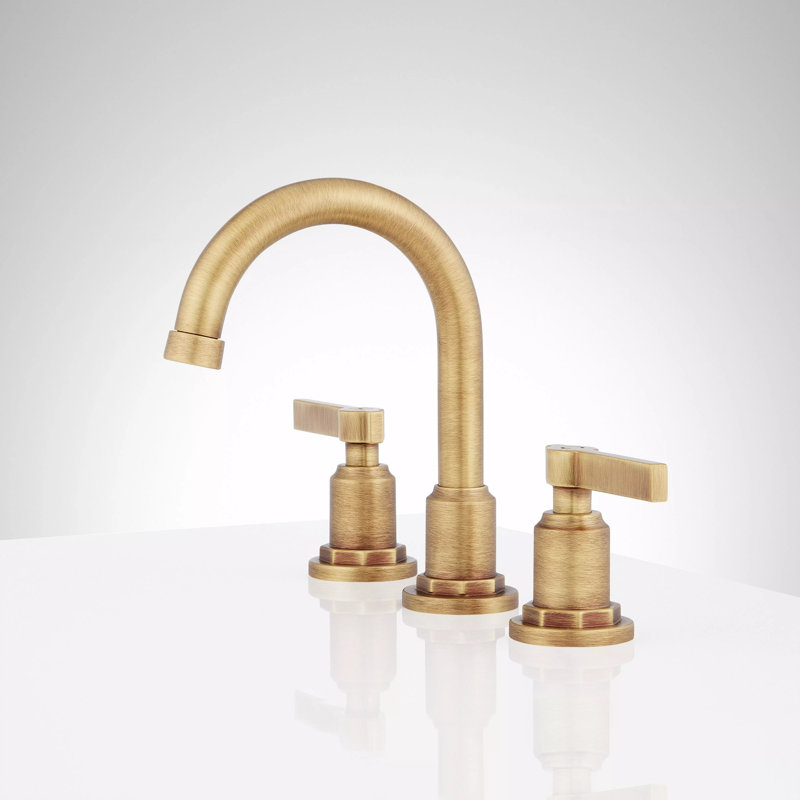 Greyfield 1.2 GPM Widespread Bathroom Faucet with Metal Lever Handles and Pop-Up Drain Assembly, Aged Brass