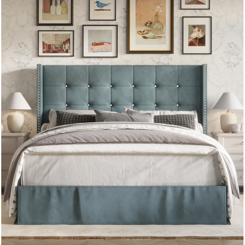 Aliviana Upholstered Wingback Platform Bed with Slat Kit, Blue, Full