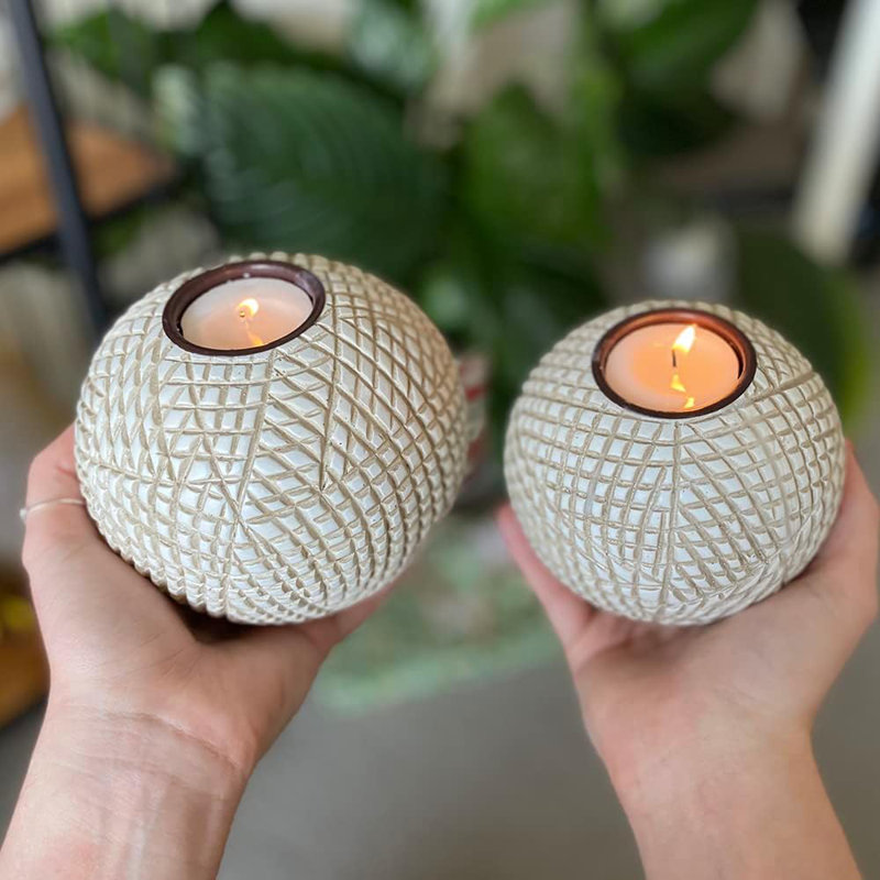 2 Size Orb Shaped Polyresin Tea Light Candle Holders Non-Slip Base Farmhouse Modern Home Table Decor