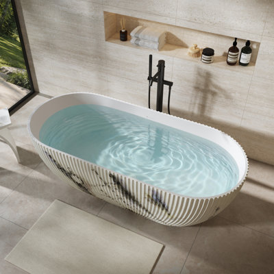 CASAINC 67" White Solid Surface Freestanding Soaking Bathtub With Fluted Marble Look ＆ Center Drain