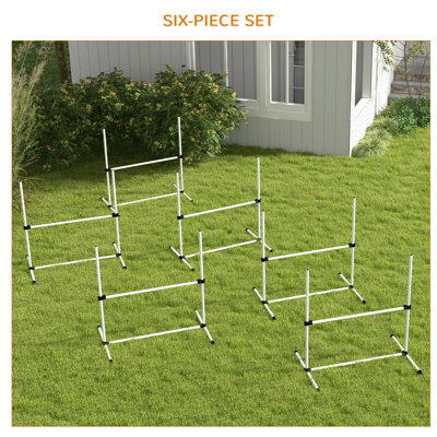 Ensemble 6 pièces d'équipement de dressage pour chien avec barres de saut à hauteur réglable et sac de transport, blanc