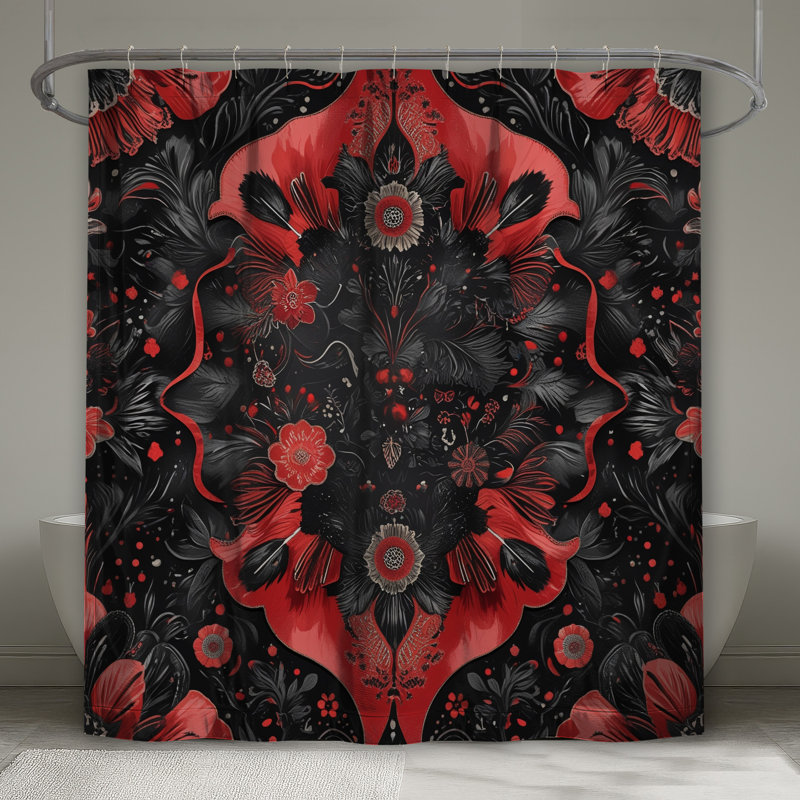Rideaux de douche rouges et noirs à motif floral très longs, L 70 po x H 84 po