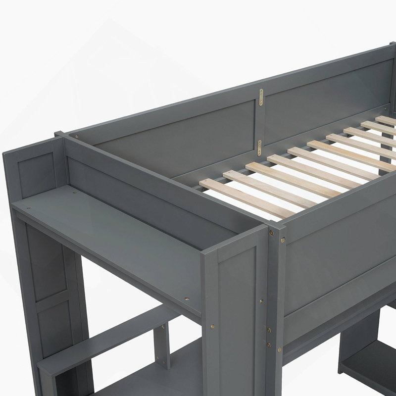 Lit mezzanine simple en bois avec bureau, tablettes multiples, DEL et station de charge, gris foncé
