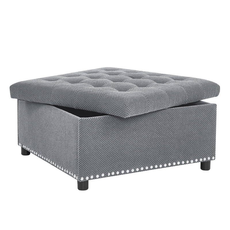 Repose-pieds avec rangement, repose-pieds capitonné et repose-pieds clouté, Gris clair