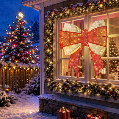 Arc rouge et doré de 3 pi avec 200 lumières blanc chaud, décoration classique de Noël à brancher